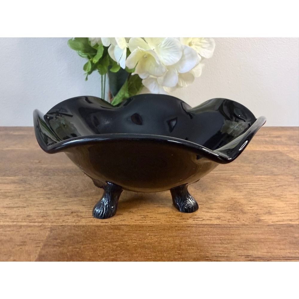 Vintage Black Amethyst Glass Footed Bowl Ruffled Rim Depression Era Candy Dish